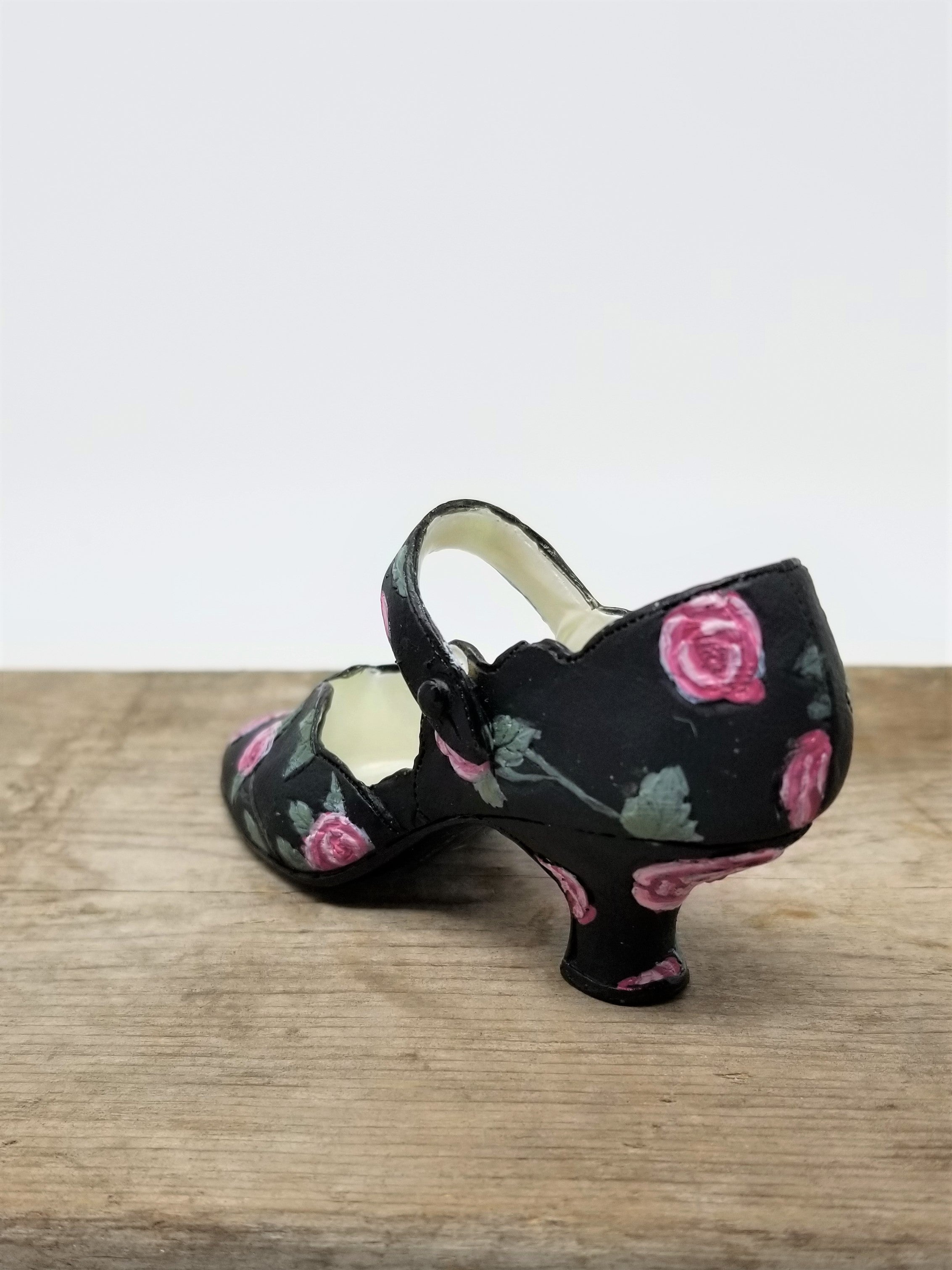 Miniature Shoe with Pink Flowers Black Pumps