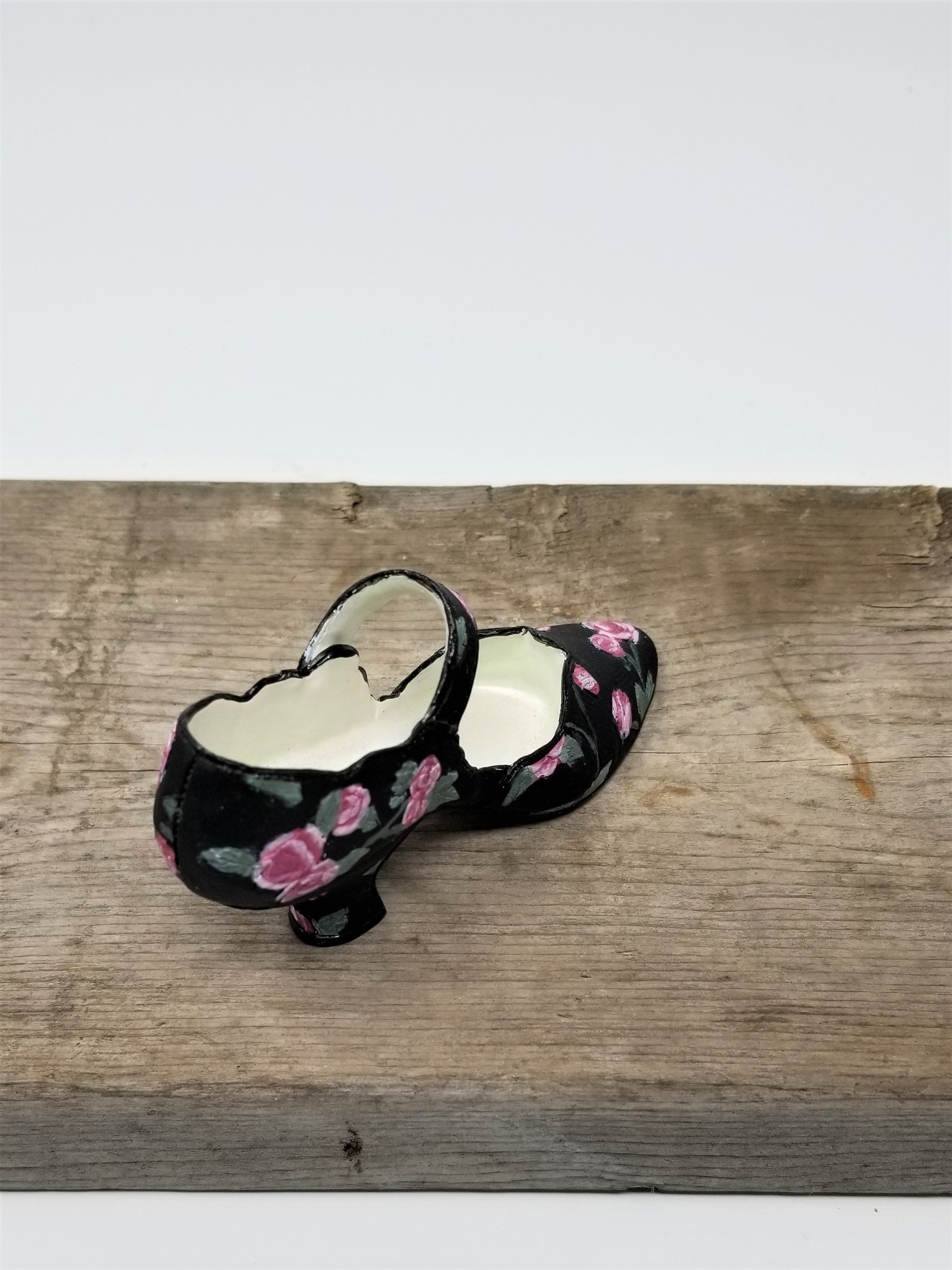 Miniature Shoe with Pink Flowers Black Pumps