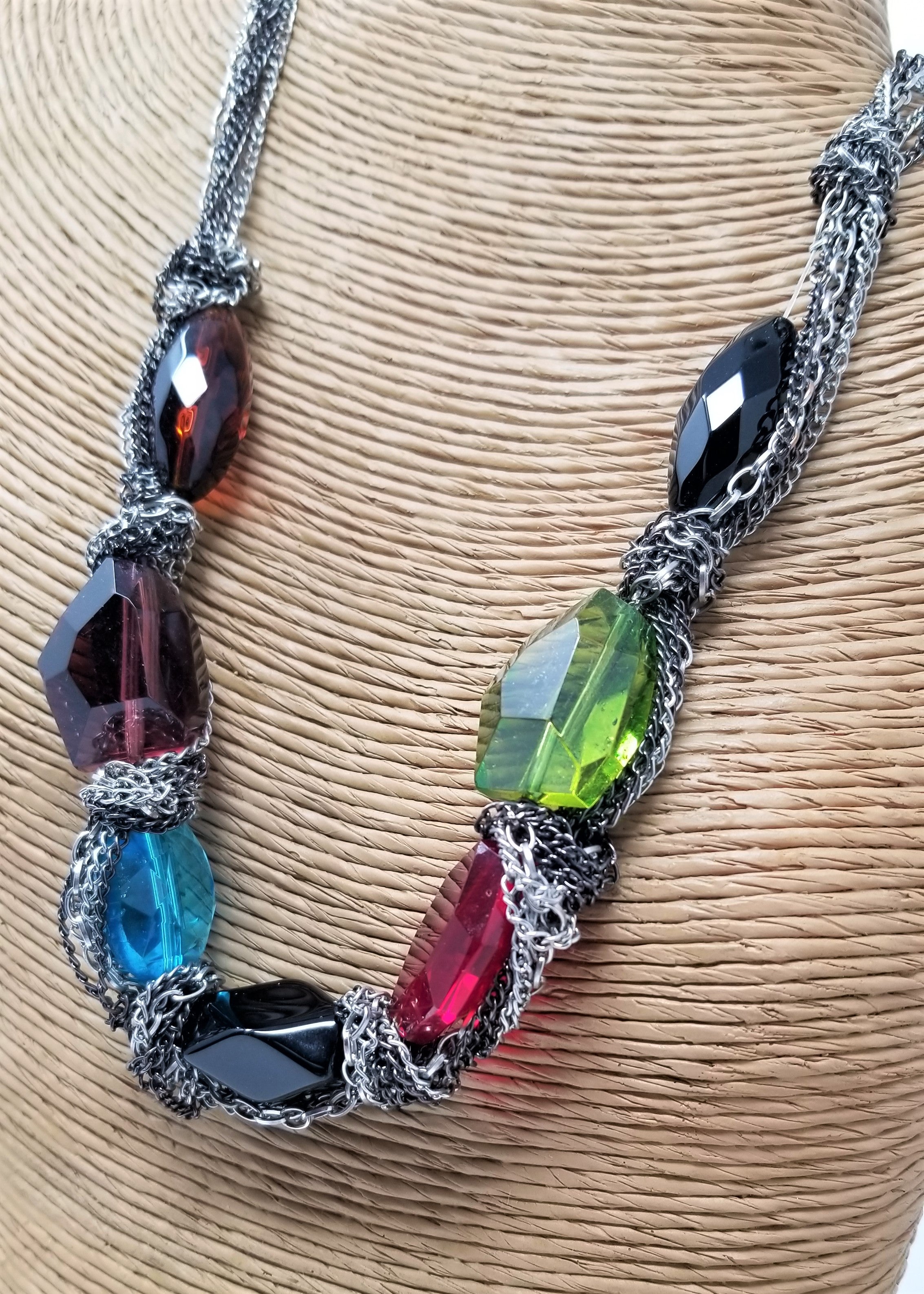 Glass Nugget Chain Shrouded Necklace Silver Unique