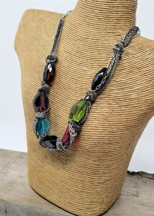 Glass Nugget Chain Shrouded Necklace Silver Unique