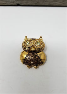 Vintage Owl Pin with Clear and Topaz Rhinestone eyes