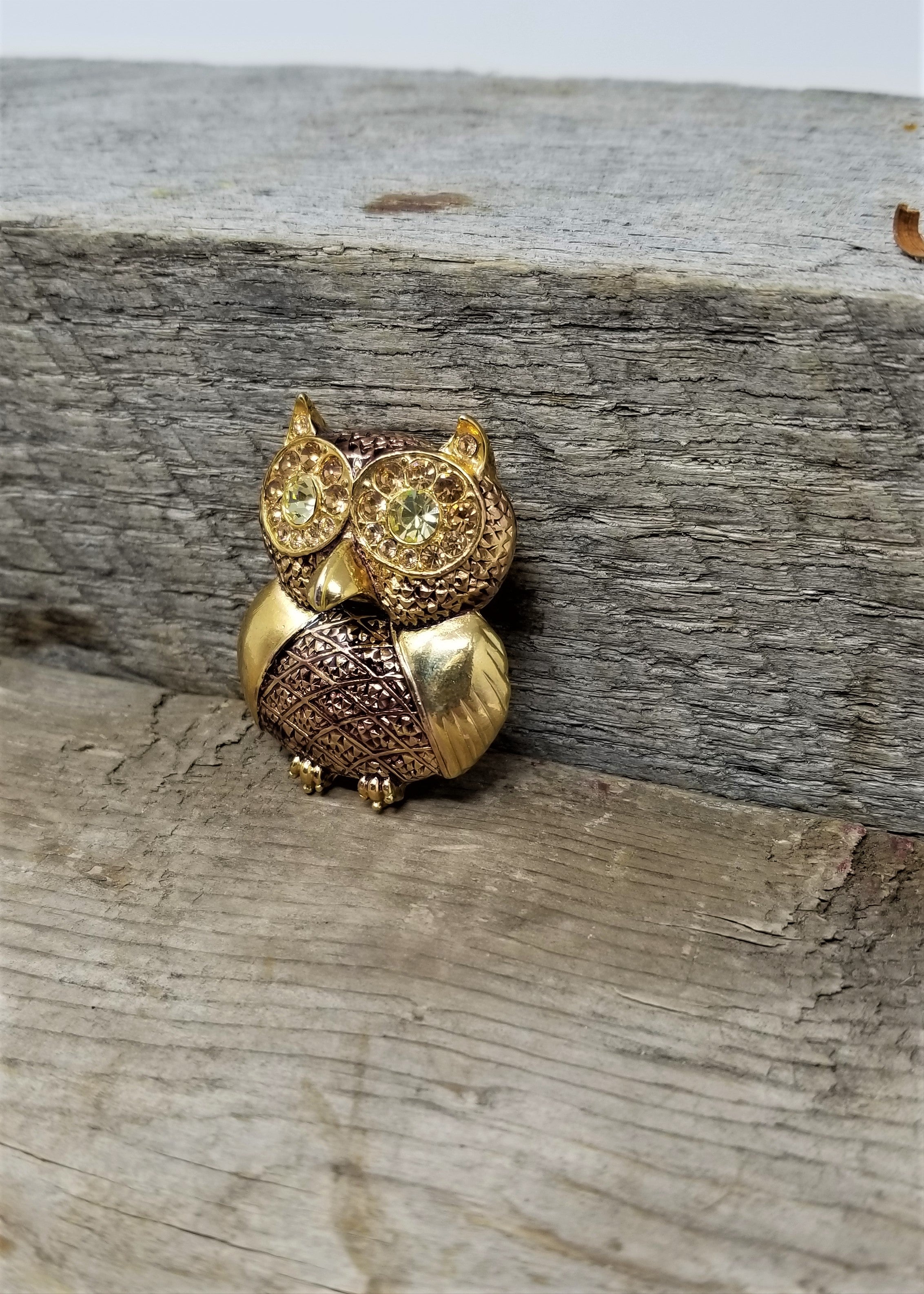 Vintage Owl Pin with Clear and Topaz Rhinestone eyes
