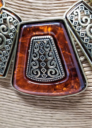 Stunning Statement Necklace Amber Glass & Metal