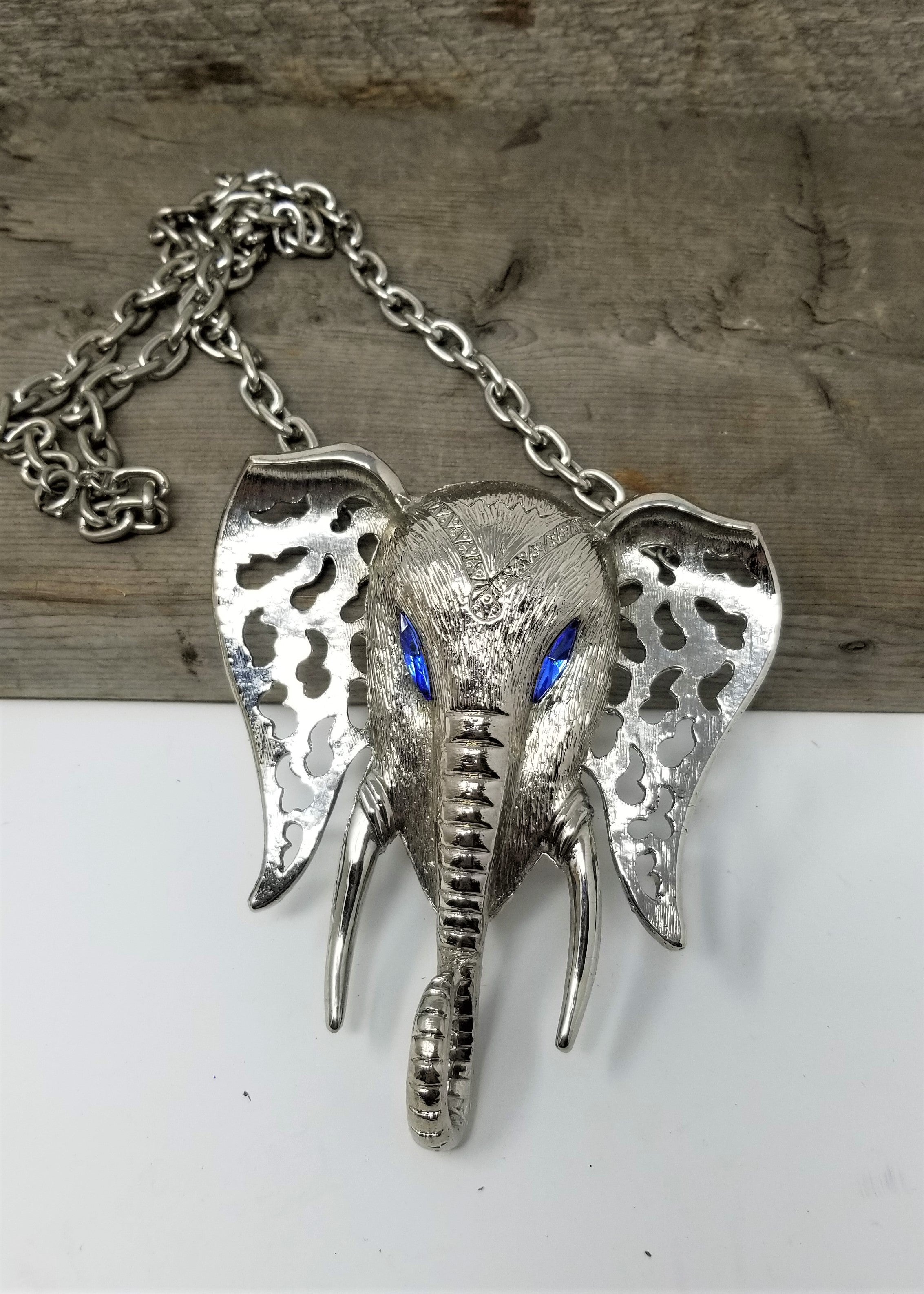 Jumbo Elephant Pendant Blue eyed Necklace Silver