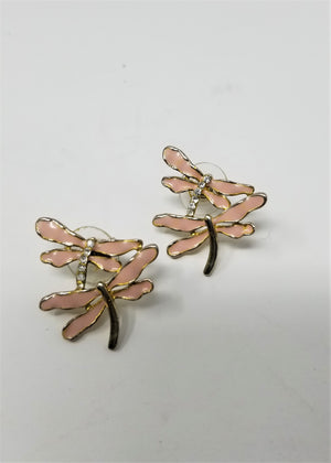 Twin Dragon Fly Pierced Earrings Pink w/Rhinestone