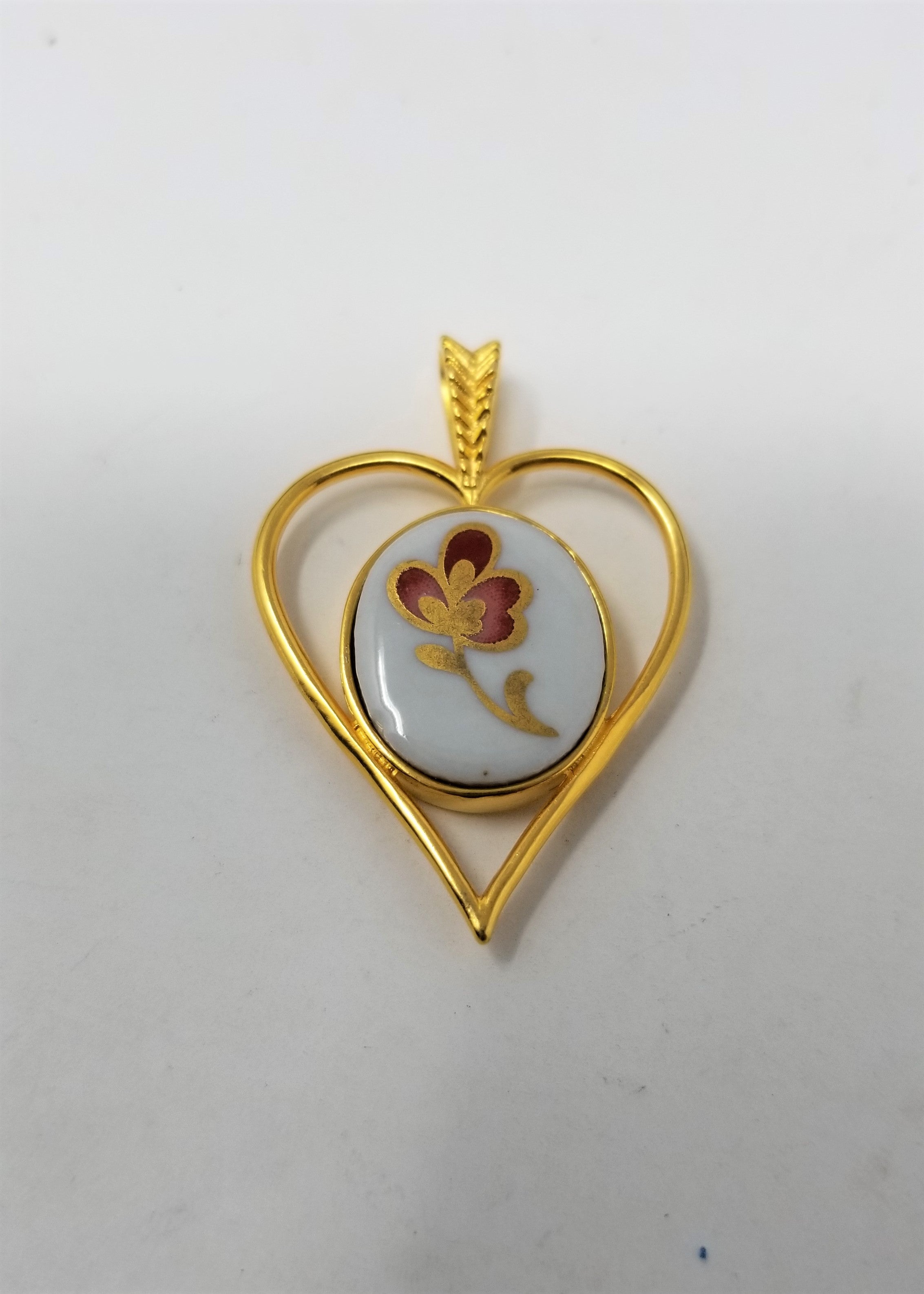Heart Pendant with Porcelain Flower Vintage