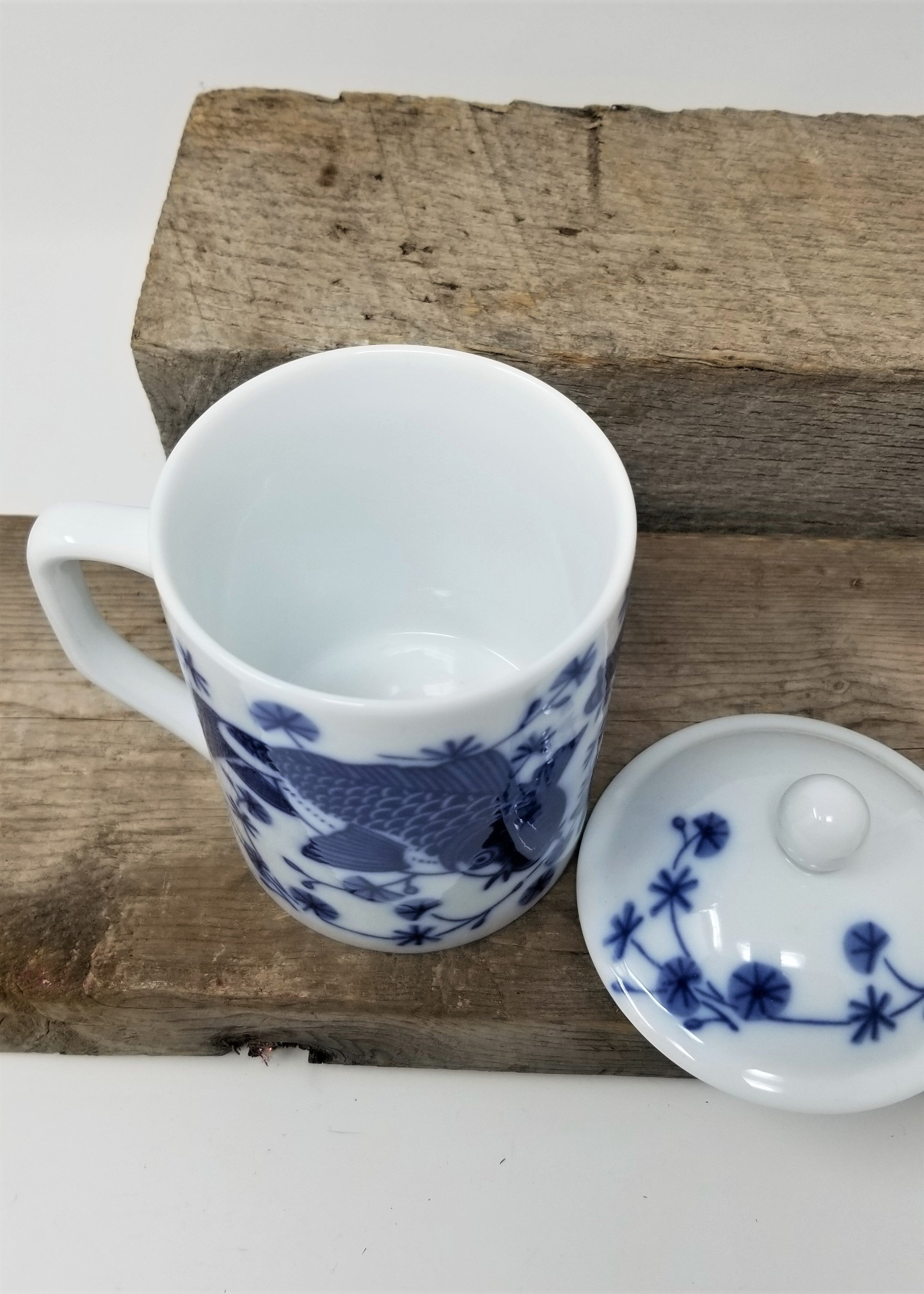 White Covered Coffee/Tea Mug with Blue Koi Fish