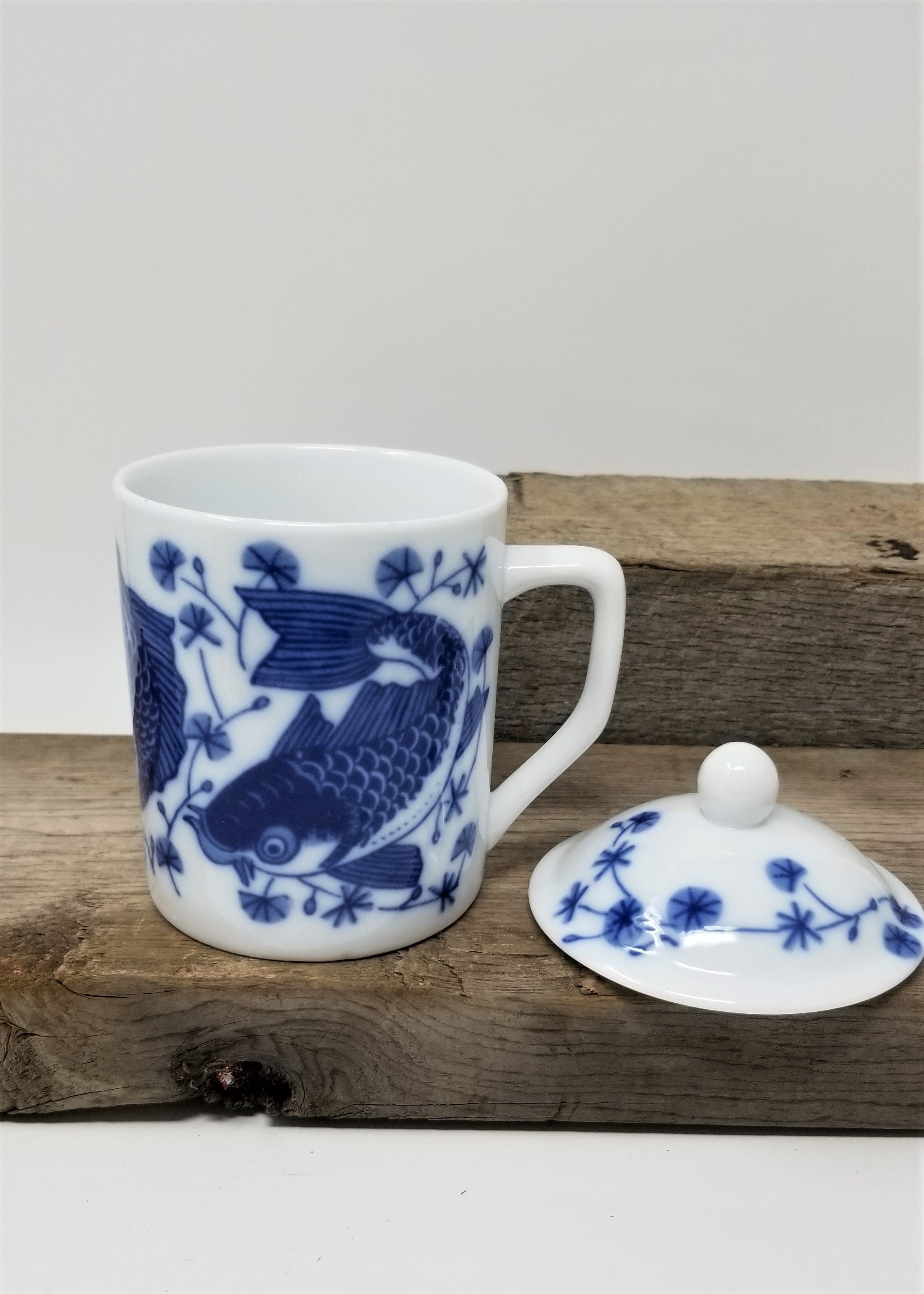 White Covered Coffee/Tea Mug with Blue Koi Fish