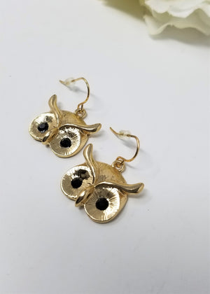 Owl Head Earrings Rhinestone Eyes Gold tone