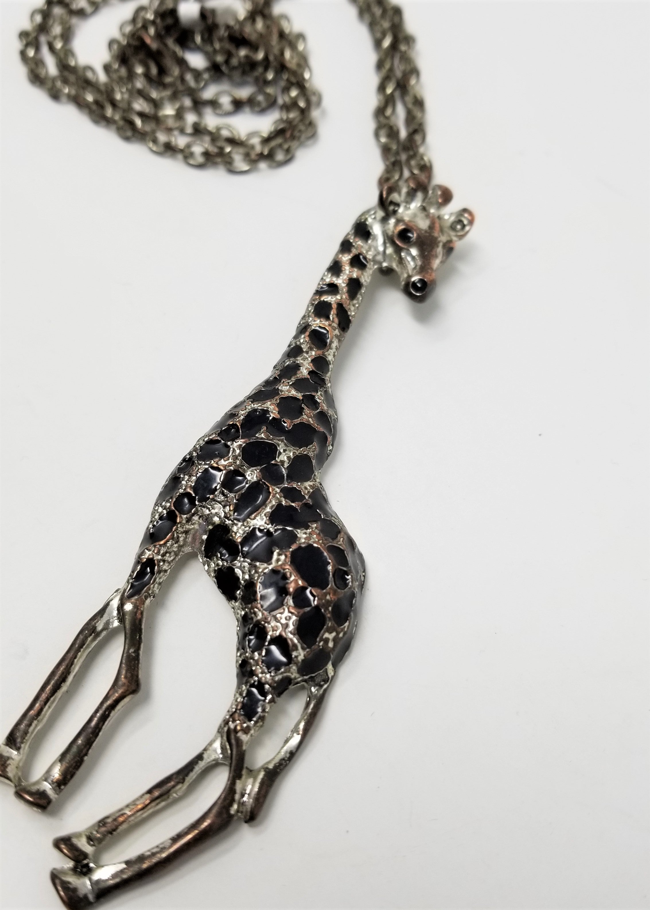 Handsome Silver & Bronze Giraffe Necklace 36" Long