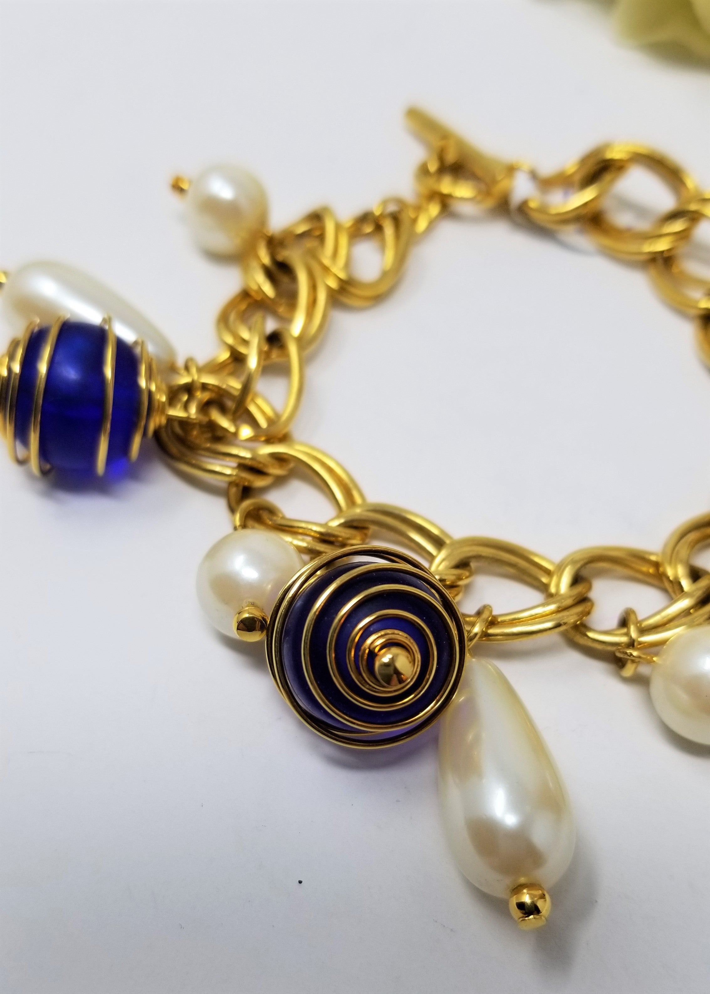 Vintage Charm Bracelet with Pearls & Cobalt Beads