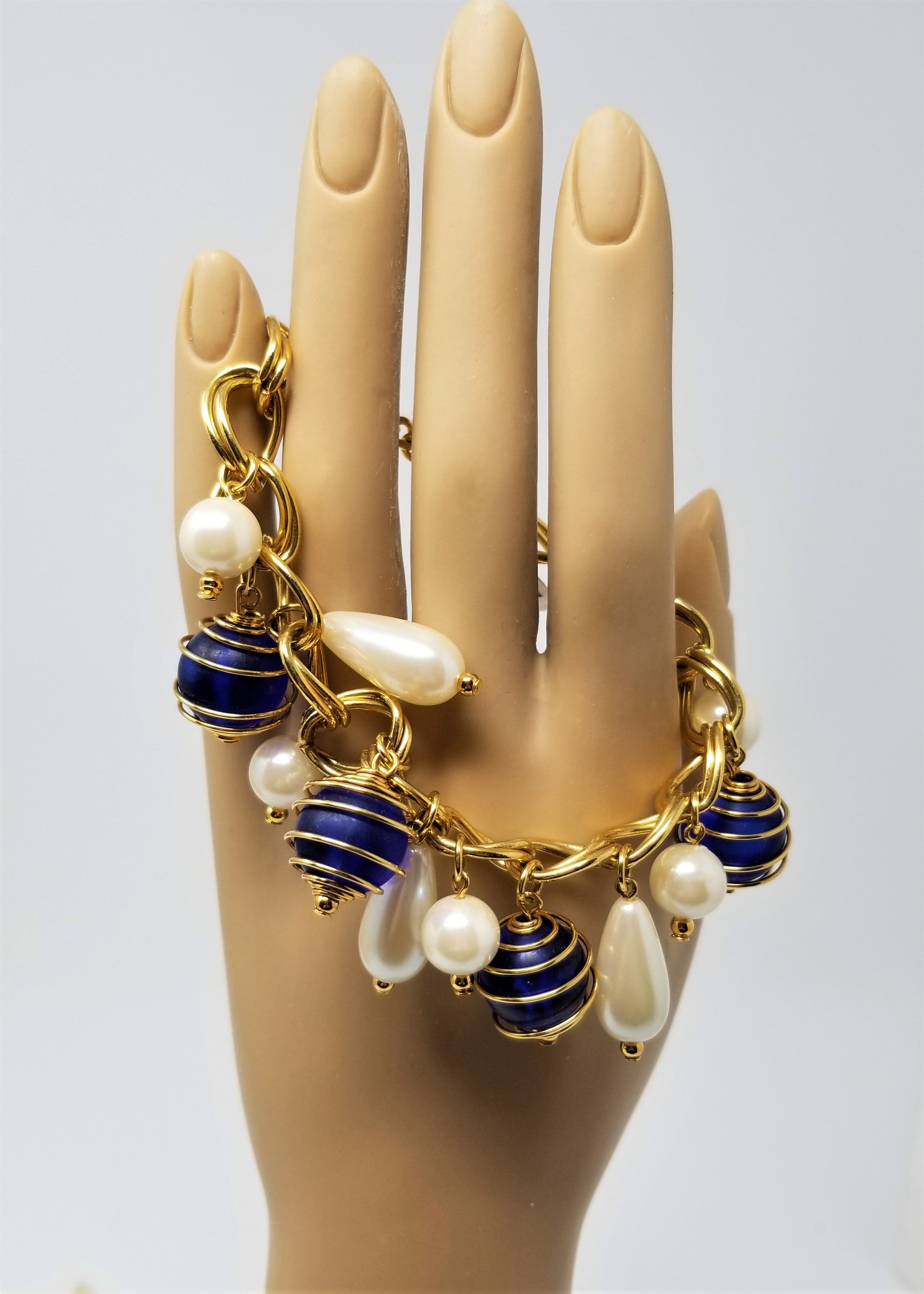 Vintage Charm Bracelet with Pearls & Cobalt Beads