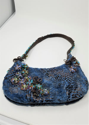 Mary Francis Purse Blue Animal Print w/ Beads & Leather
