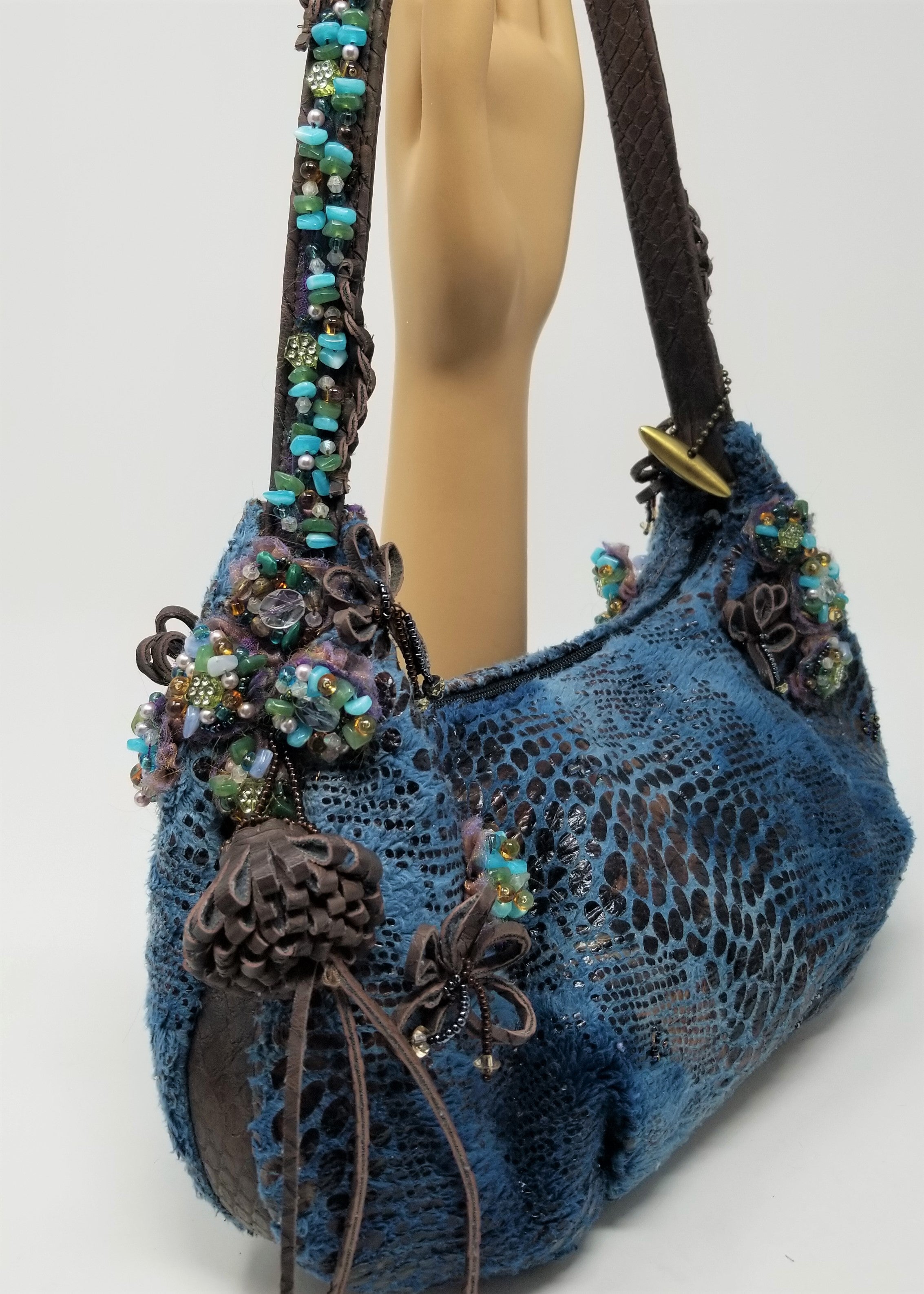 Mary Francis Purse Blue Animal Print w/ Beads & Leather