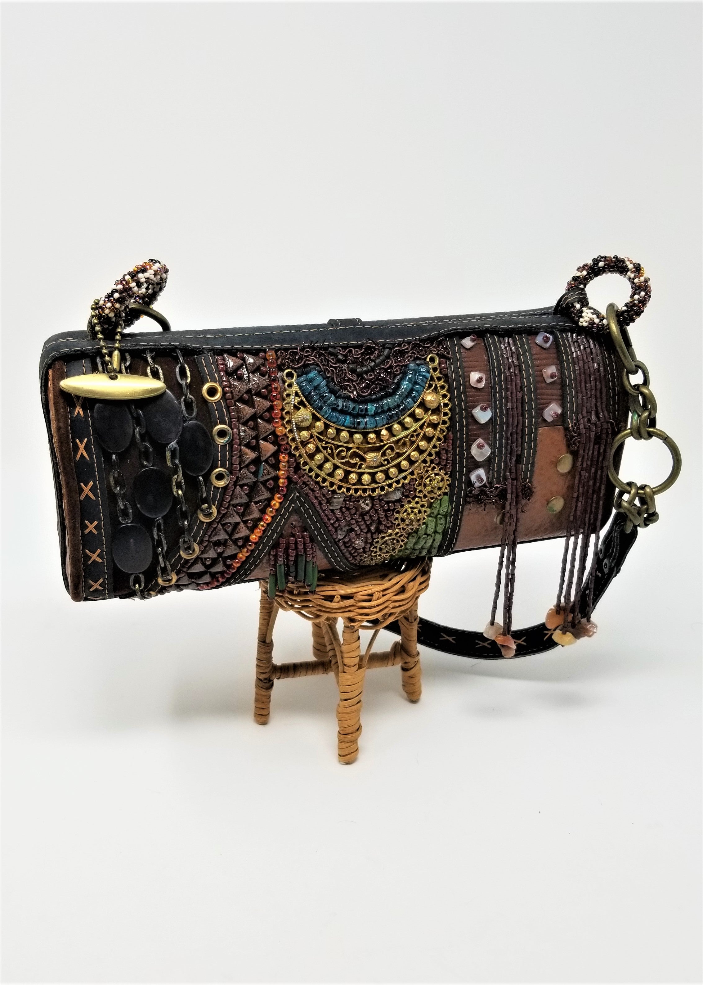Mary Frances Handbag Browns, Golds, Bronze Beads & Tassels Purse