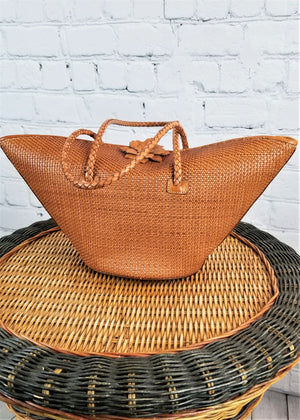 PAOLO MASI Basket Weave Leather Satchel Tote Handbag Italy Purse