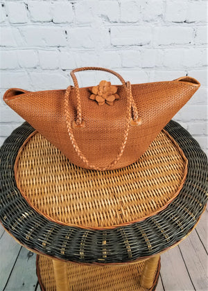 PAOLO MASI Basket Weave Leather Satchel Tote Handbag Italy Purse