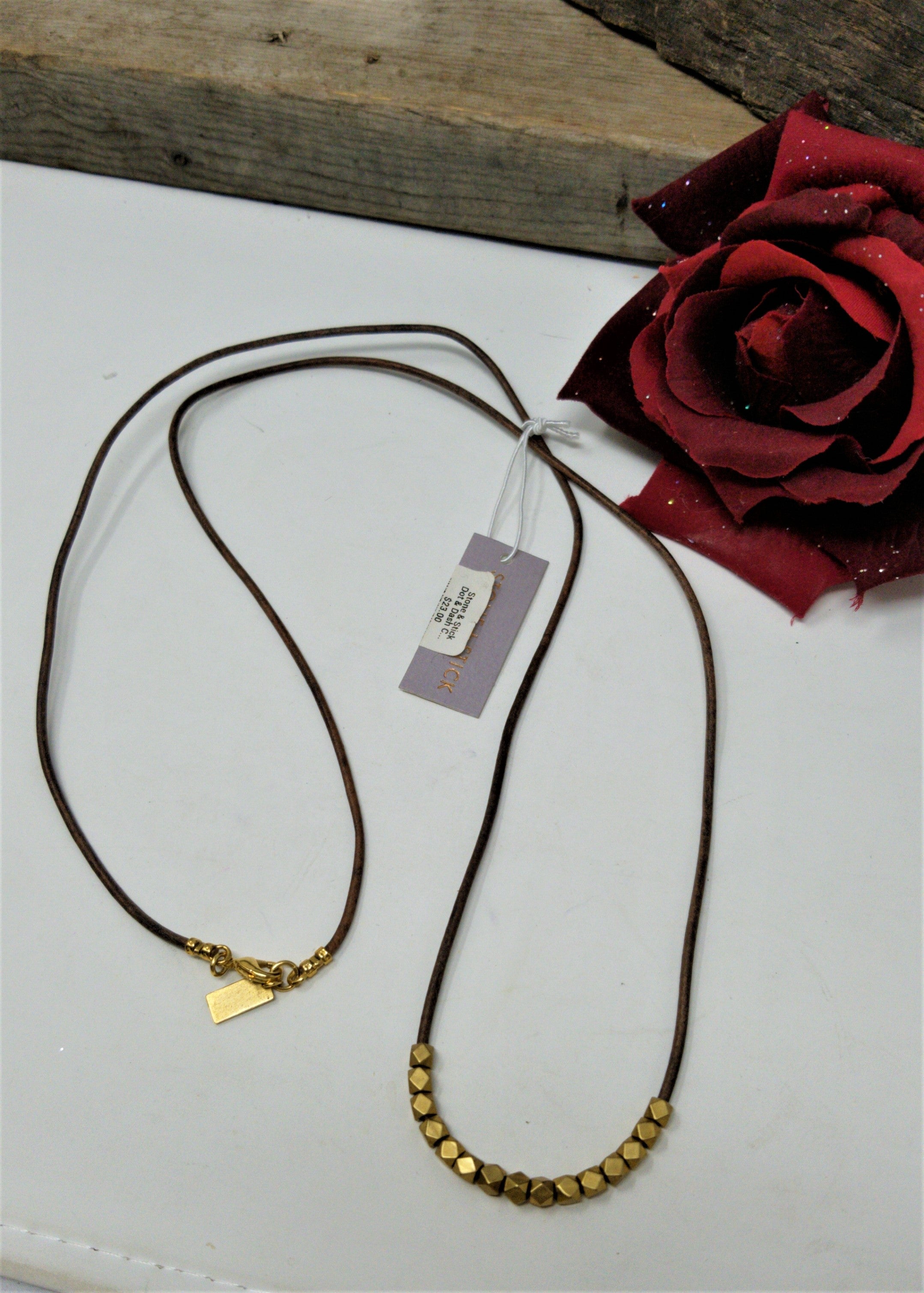 Stone & Stick Leather & Brass Necklace NWT