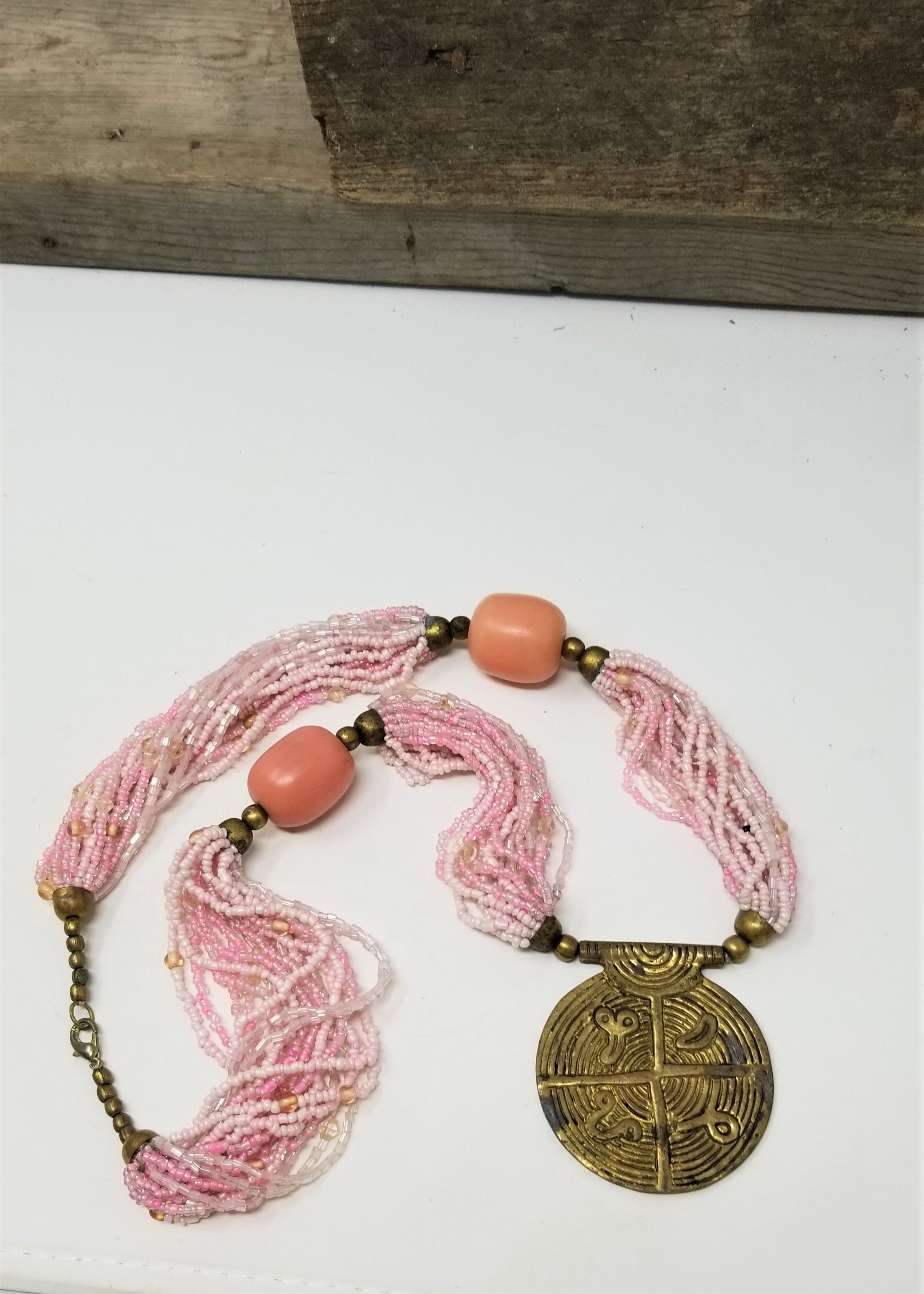 Stunning Pink Beaded Necklace w Brass Accent