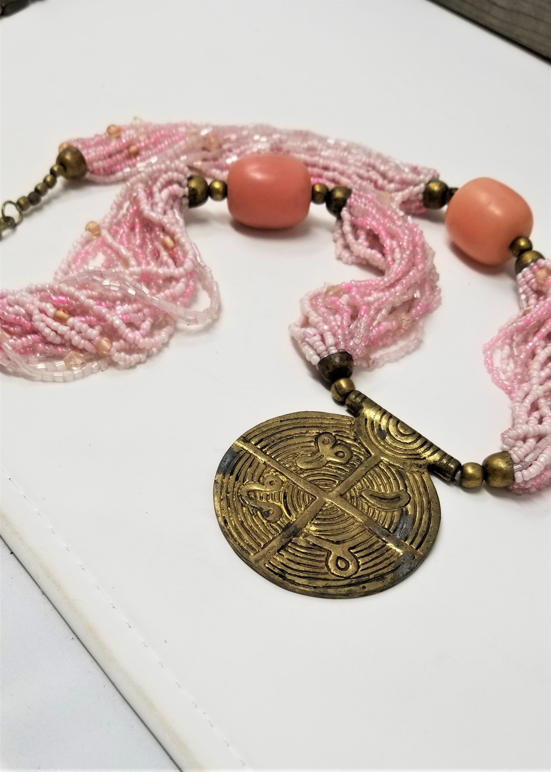 Stunning Pink Beaded Necklace w Brass Accent