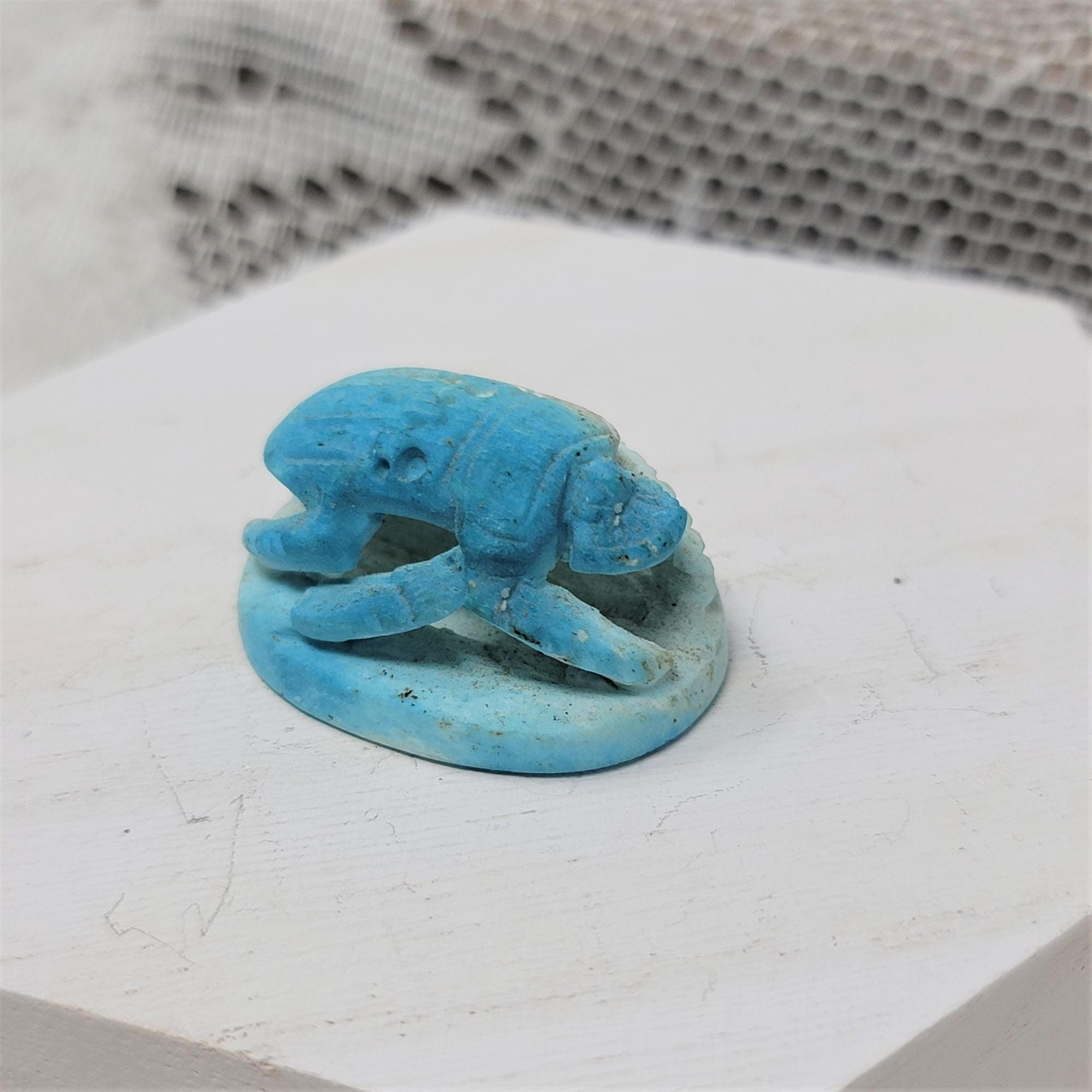 Vintage Clay Scarab Bead from Egypt Hieroglyphics Blue