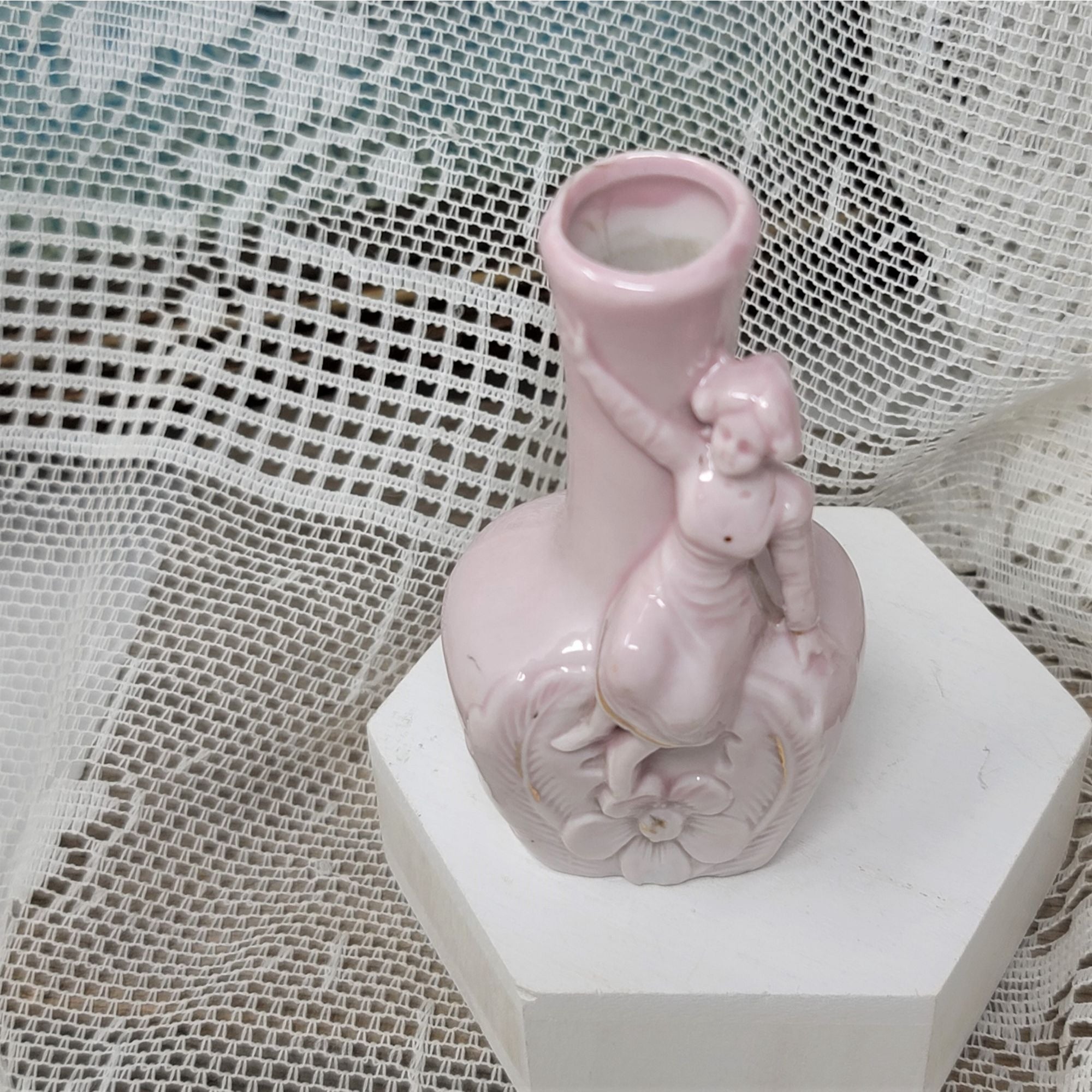 Vintage Small Vase w/ Lady & Flower Soft Pink
