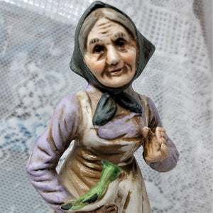 Vintage Grandmother Figurine with Bird & Walking Stick