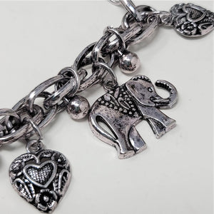 Silver Elephant Bracelet w/ Hearts & Lucky Bells 7"