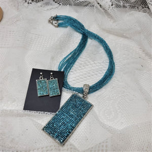 Sky Blue Multi Strand Modern Seed Bead Necklace Set w/ Earrings