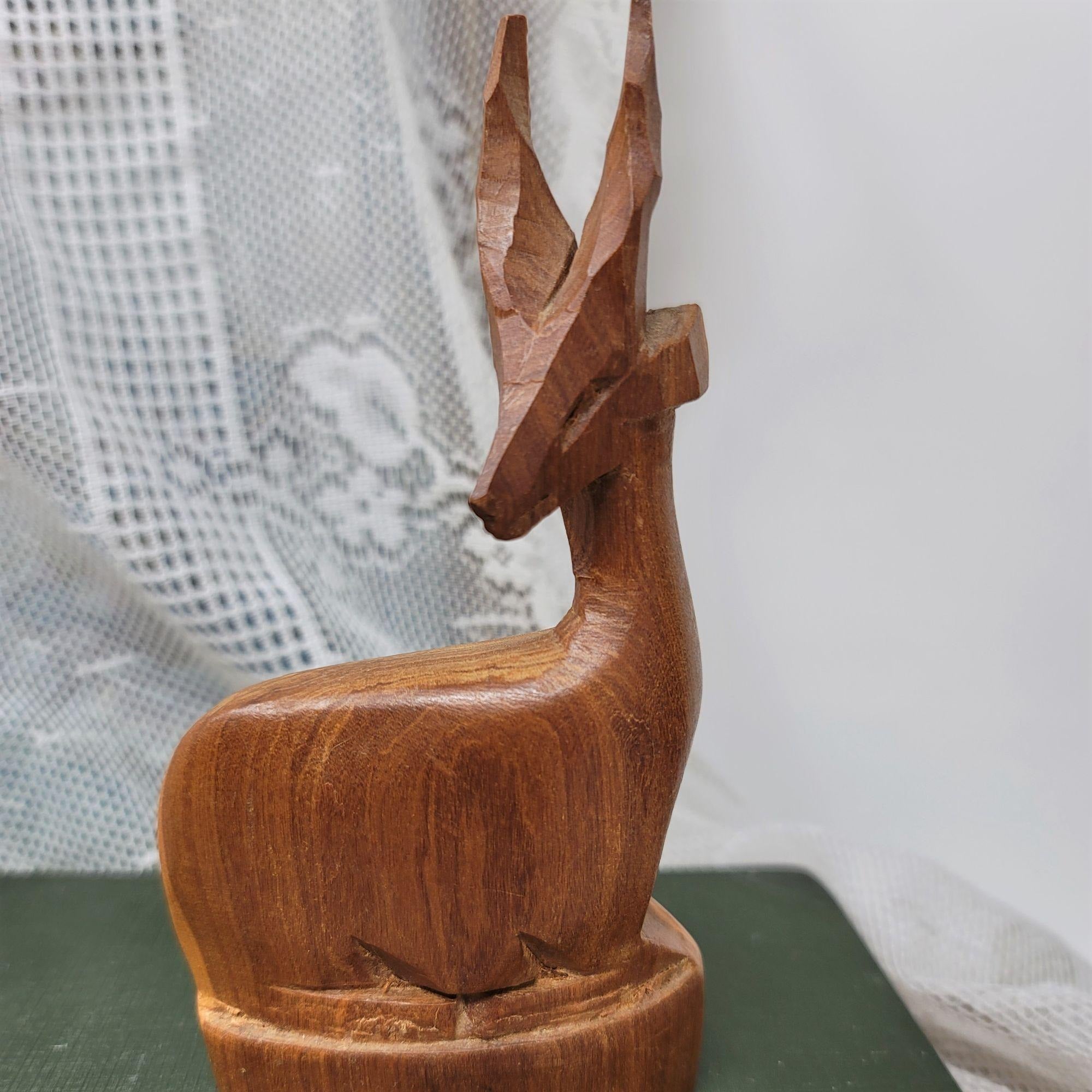 Mid Century Modern Hand-Carved Wooden Antelope