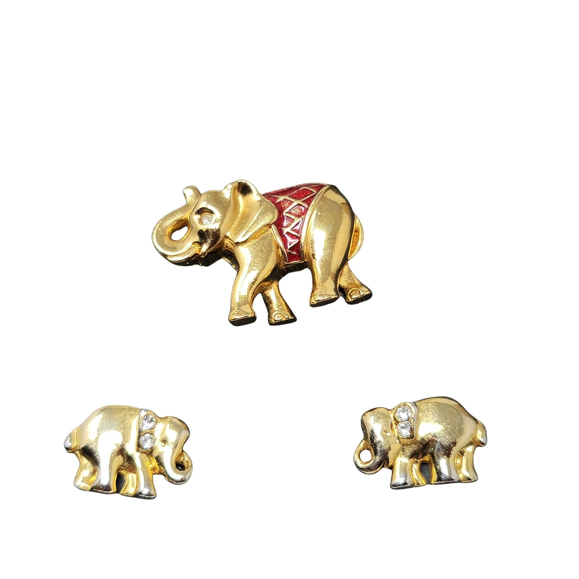 Elephant w/ Rhinestones Pin Brooch & Earring Set Goldtone SWEET