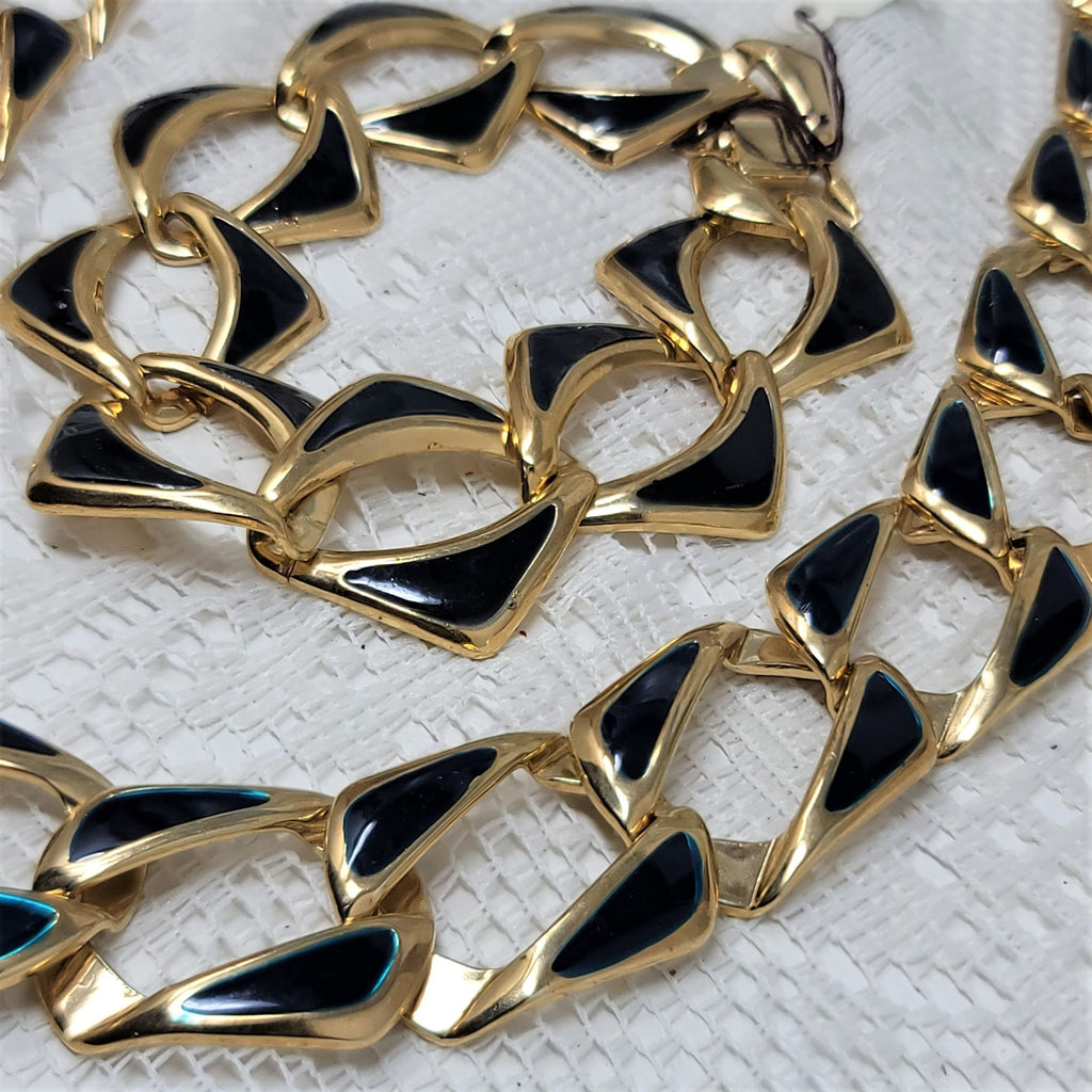 Vintage Necklace Bracelet Set Blue/Green Enameled Goldtone