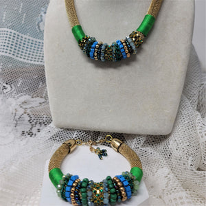 Necklace & Bracelet Set Gold with Rings of Blue & Green