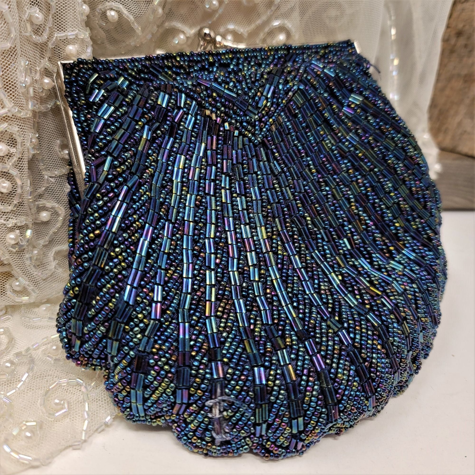 Vintage Clam Shell Beaded Bag by Carla Marchi Peacock Blue