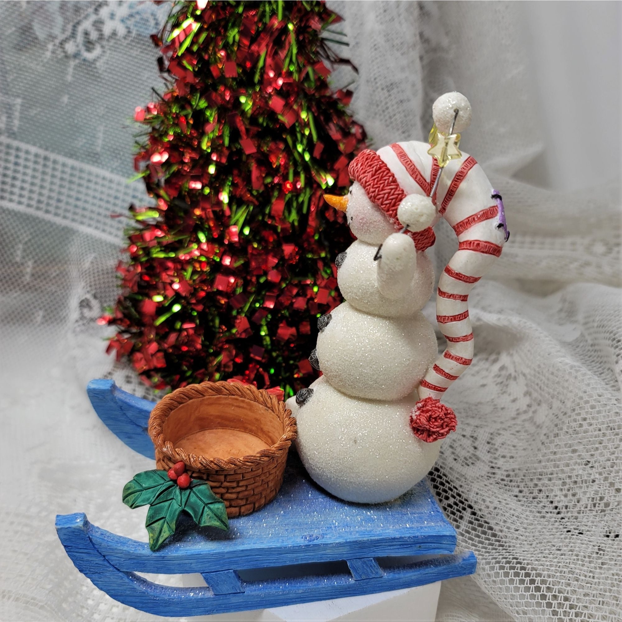 Vintage Snowman on a Sled Figurine Holiday Decor