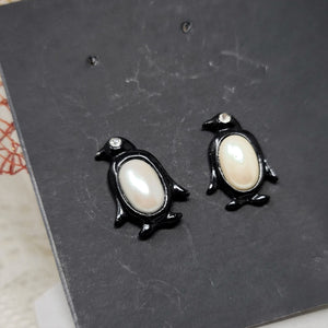 Black Penguins with Pearl Belly Pierced Earrings