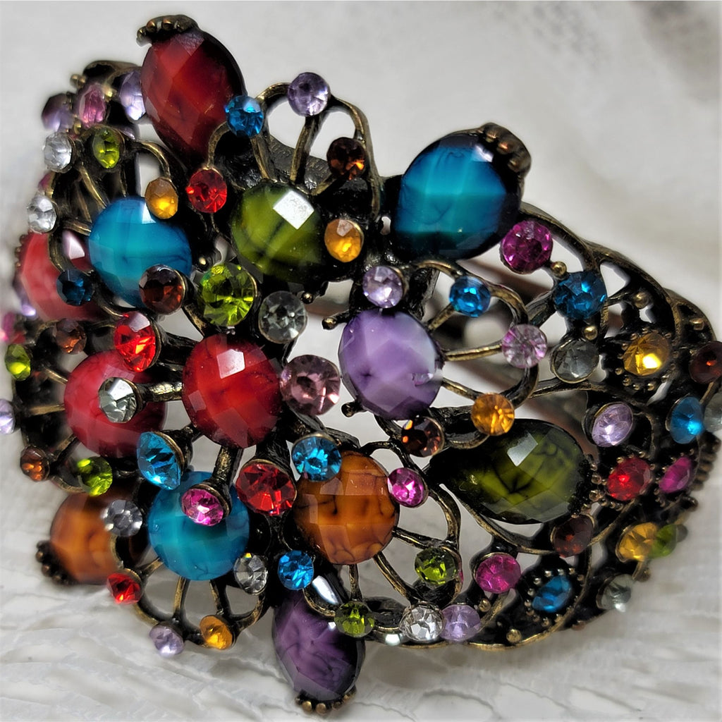 Colorful Rhinestone Encrusted Hinged Bangle Bracelet