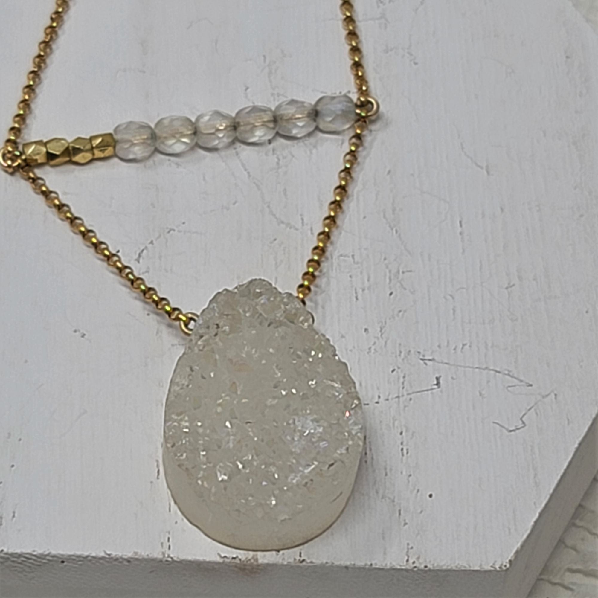 Glittery White Druze Necklace Gold tone