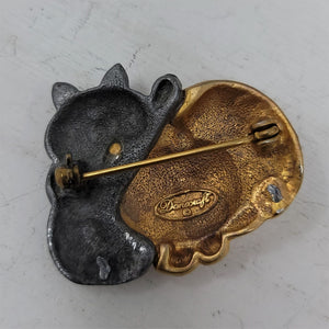 Vintage cat brooch gold silver toned Danecraft fat cat pin
