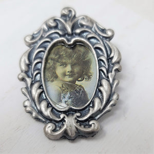 Vintage Pewter Finish Pin Brooch Photo Frame Oval