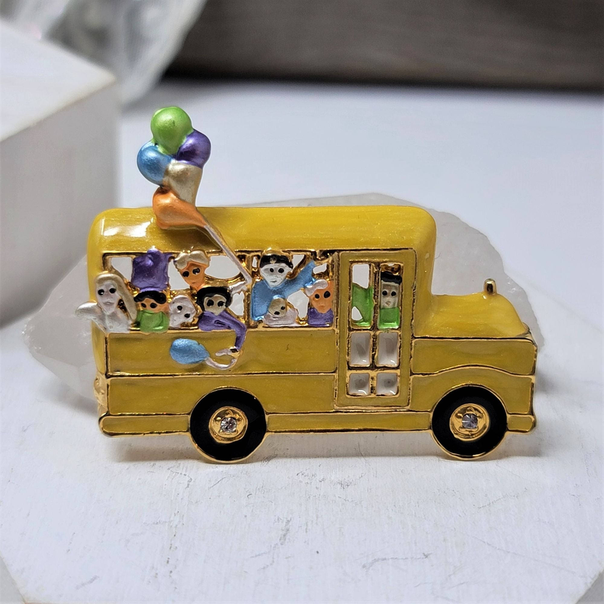 Cute Yellow School Bus Pin Brooch Enameled, Kids, Rhinestones