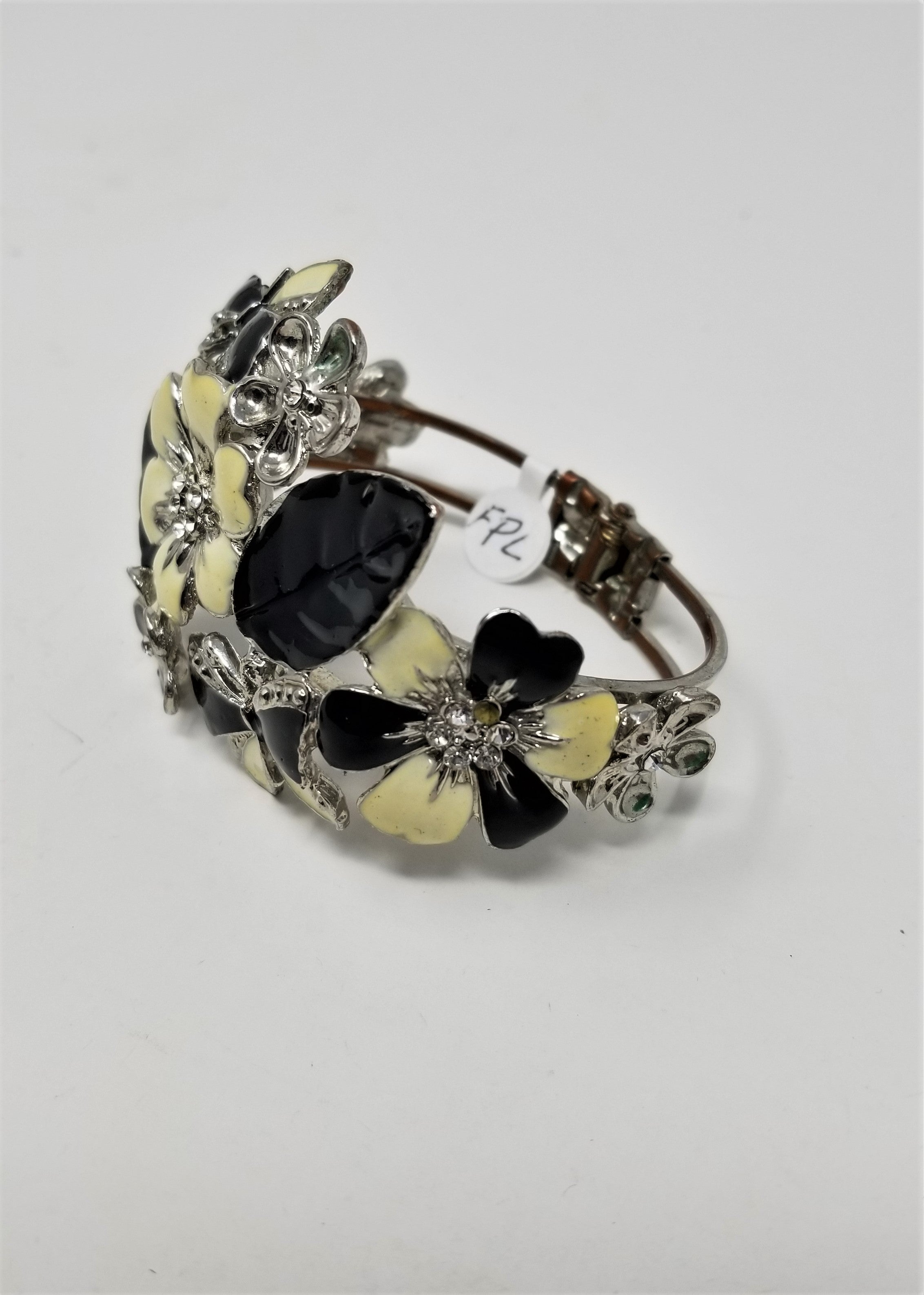 Large Vintage Flower and Butterfly Rhinestone Bangle Bracelet Enameled