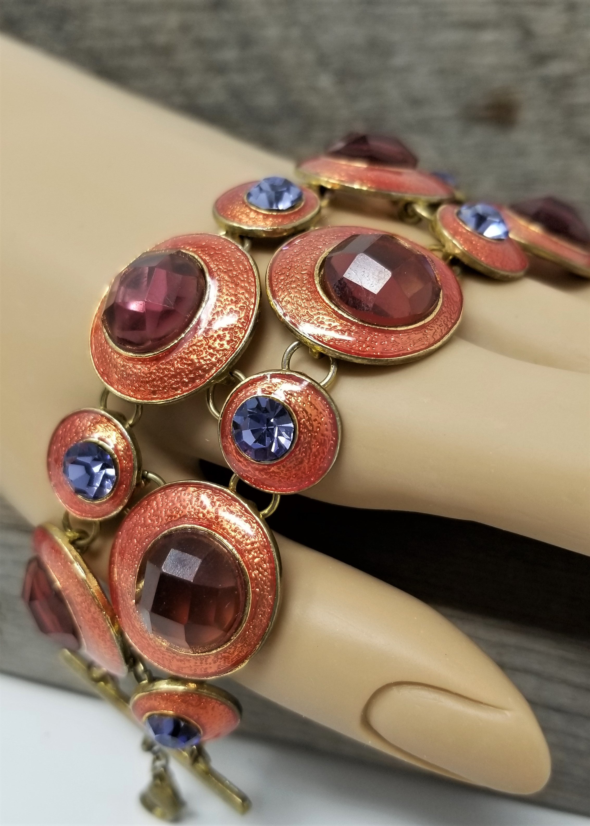 Hand-enameled Vintage Bracelet with Colorful Rhinestones