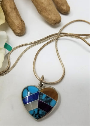Vintage Turquoise Inlay Heart Necklace w/ Snake Chain