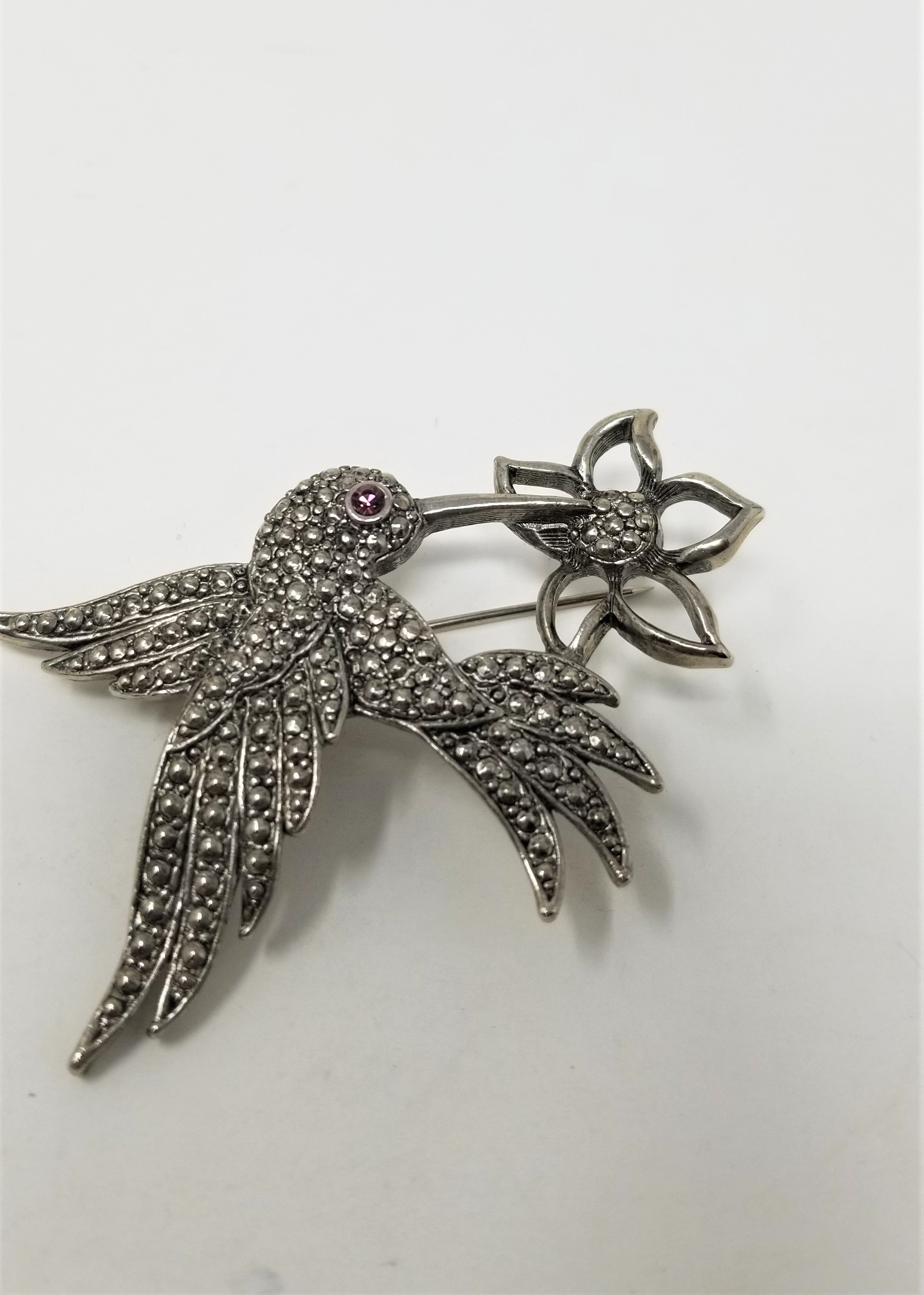 Red Eye Hummingbird Pin Vintage Silver Avon Brooch