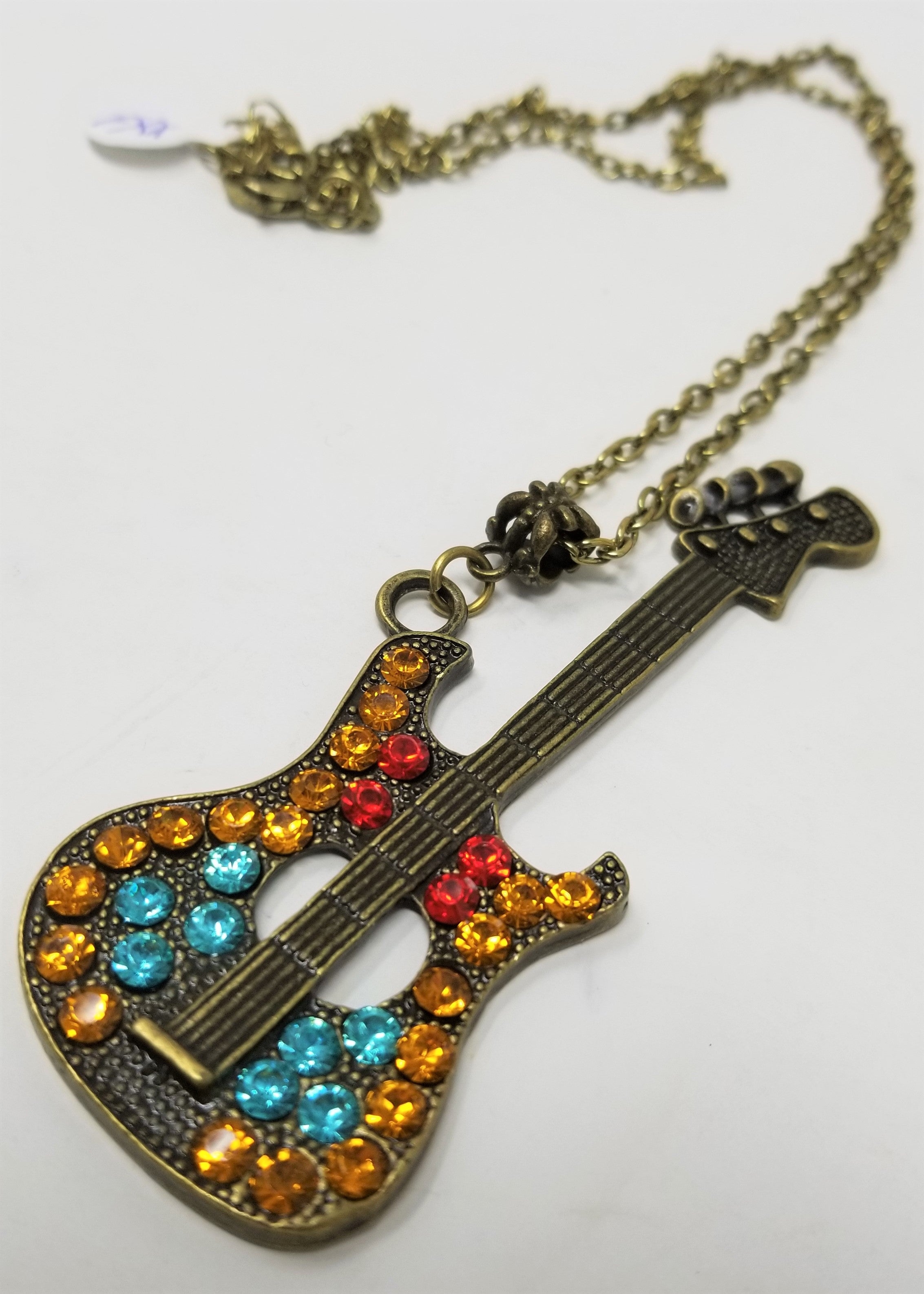 Bronze Guitar Necklace Pendant with Rhinestones FUN