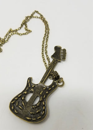 Bronze Guitar Necklace Pendant with Rhinestones FUN