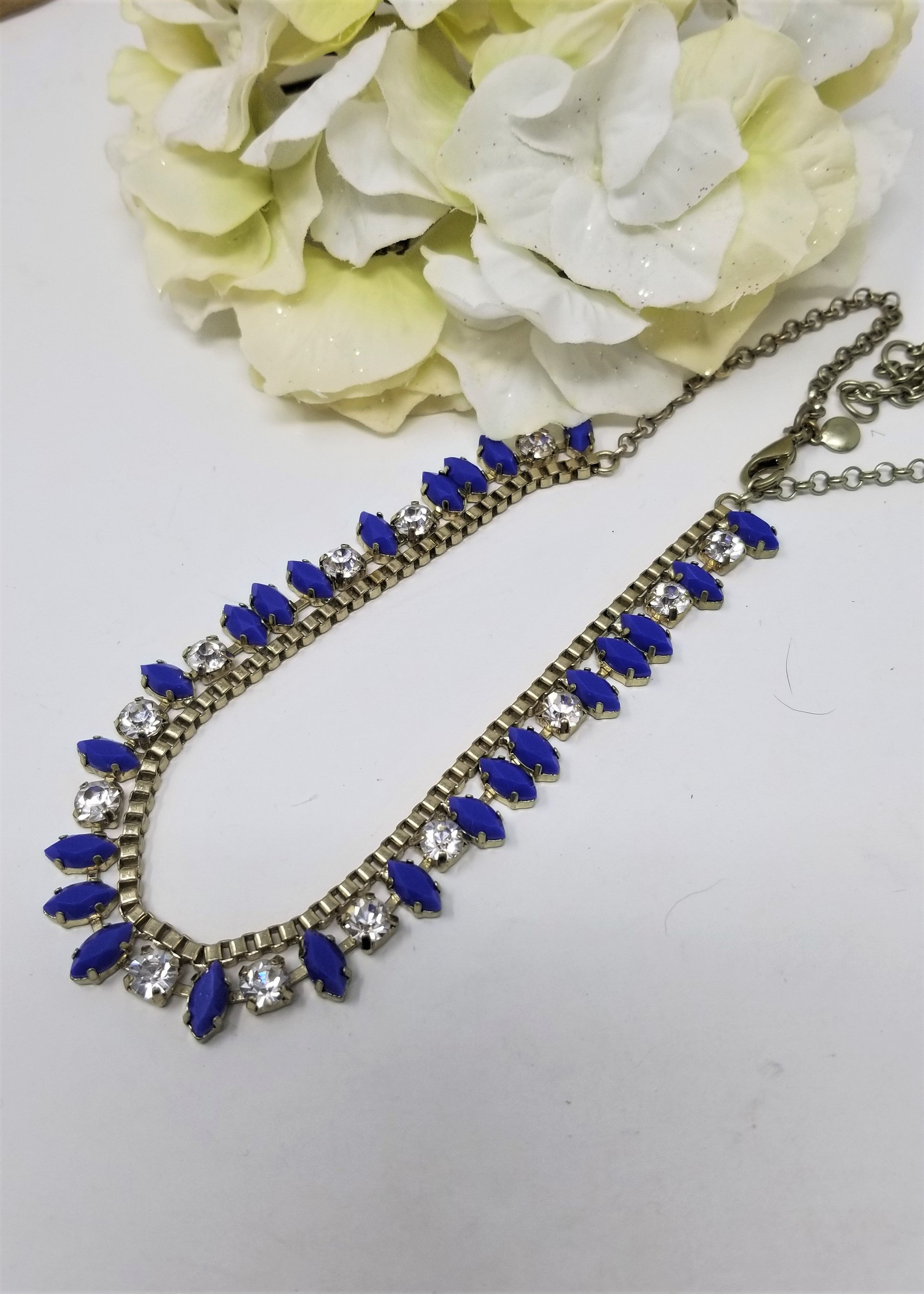 J Crew Marquise Shape Blue & Rhinestone Necklace Stunning