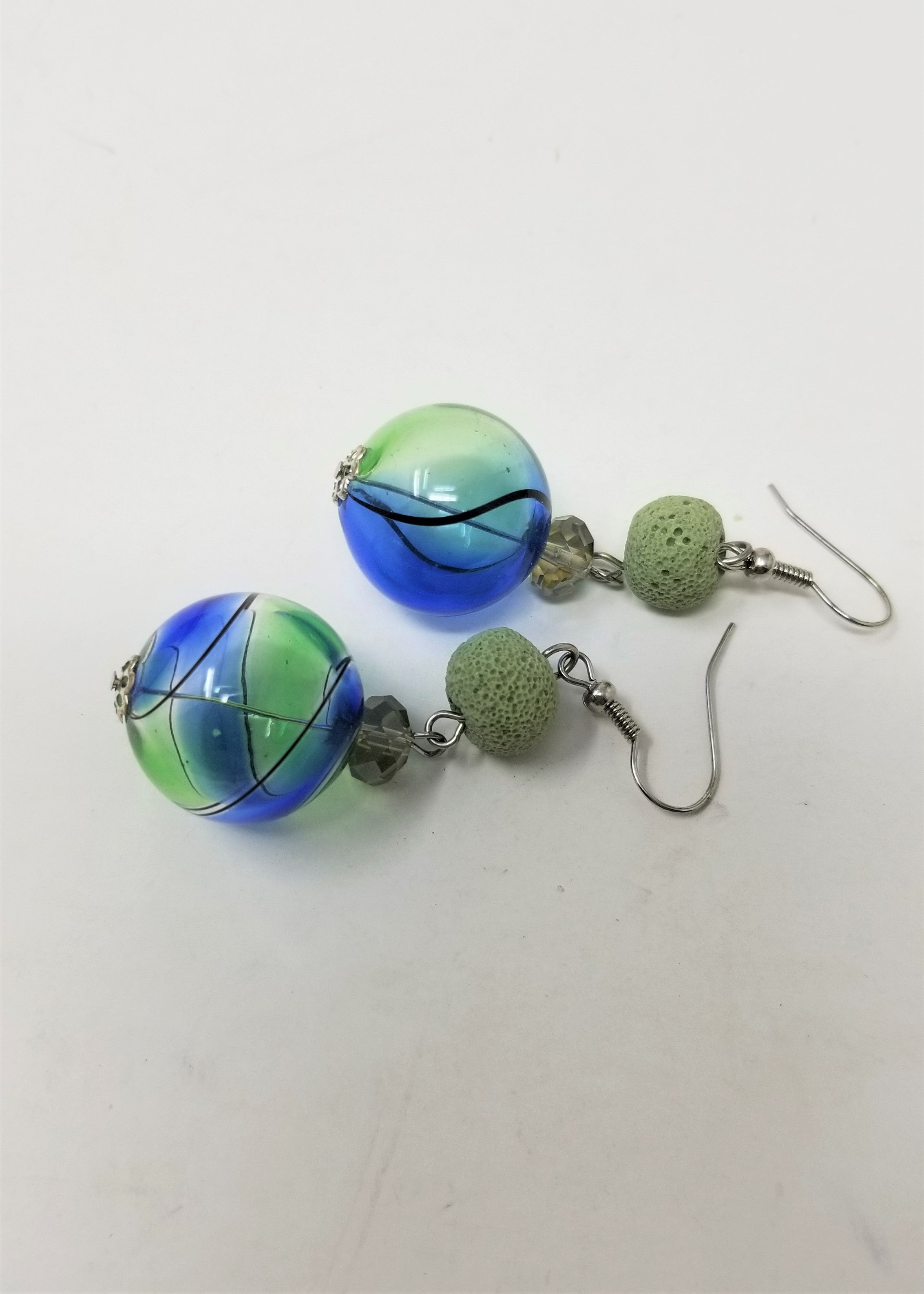Handmade Earrings with Sponge Coral & Orbs of Blue & Green