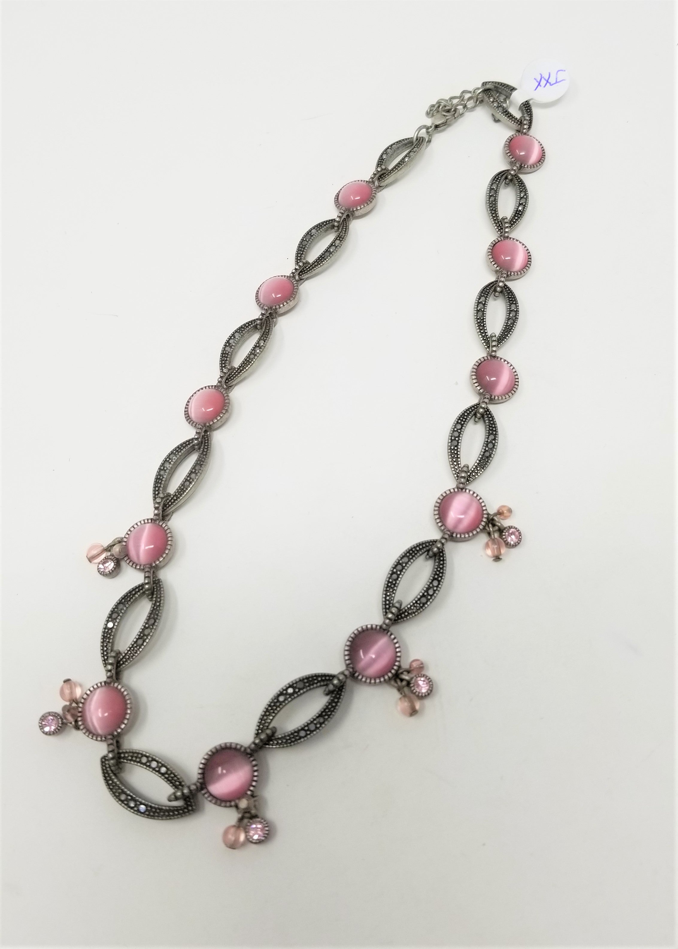 Antique Silver Pink Cats Eye & Marcasite Choker Necklace